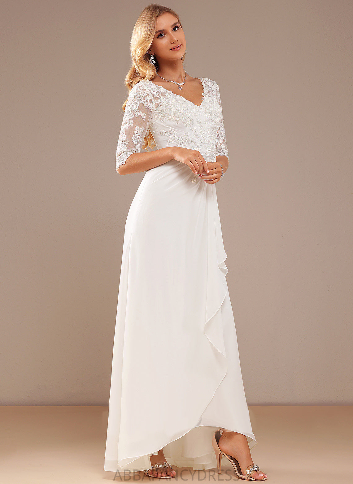 V-neck Wedding Lace Armani With Lace Ruffle Dress Asymmetrical A-Line Wedding Dresses Chiffon