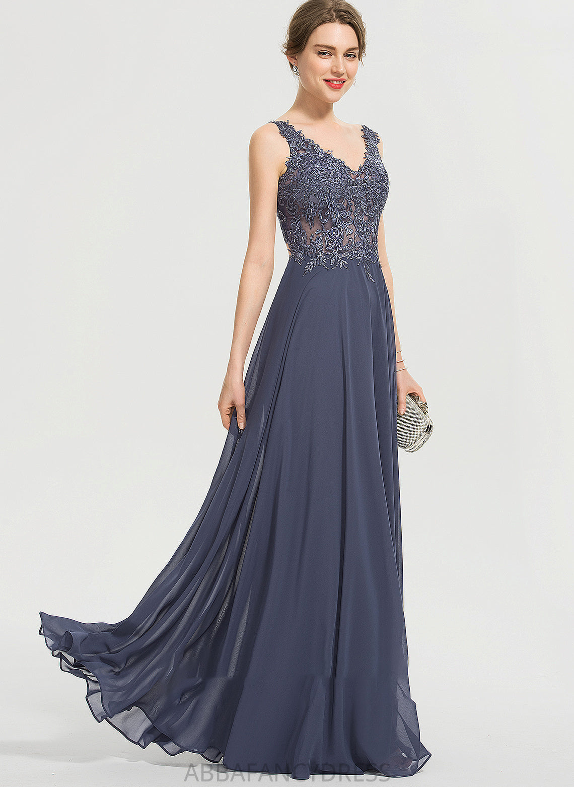 Sequins A-Line Prom Dresses Front Beading Chiffon With Lara Floor-Length Split V-neck