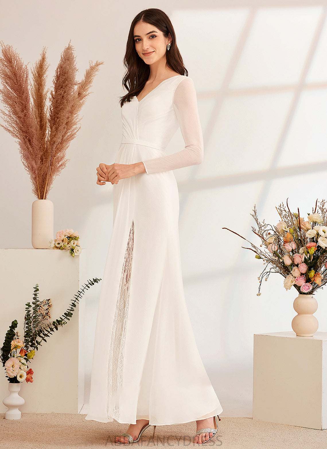 Floor-Length Wedding With A-Line Dress Lace Wedding Dresses Bow(s) V-neck Jocelyn