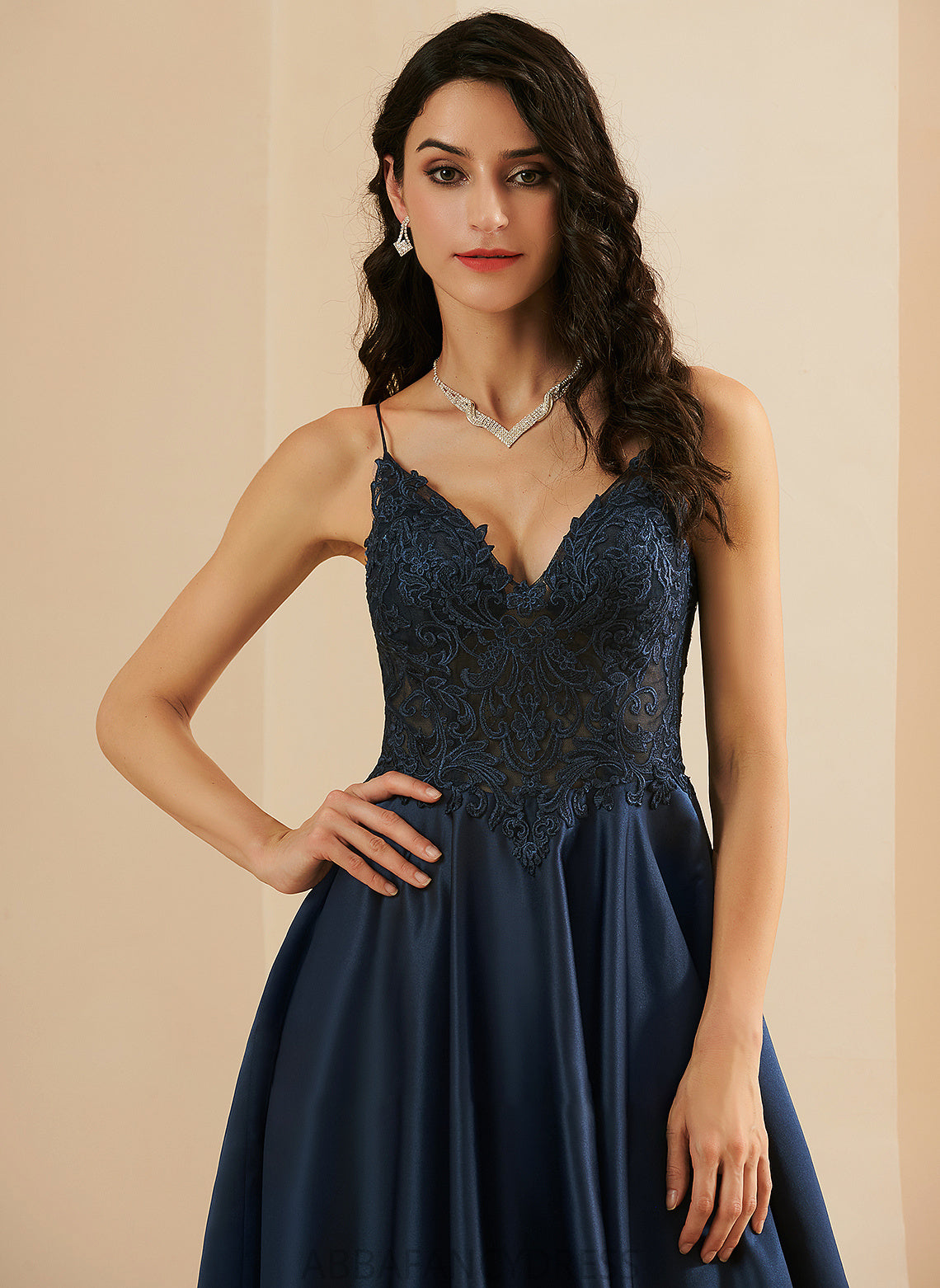 Lace Satin Prom Dresses Sasha With Floor-Length A-Line V-neck