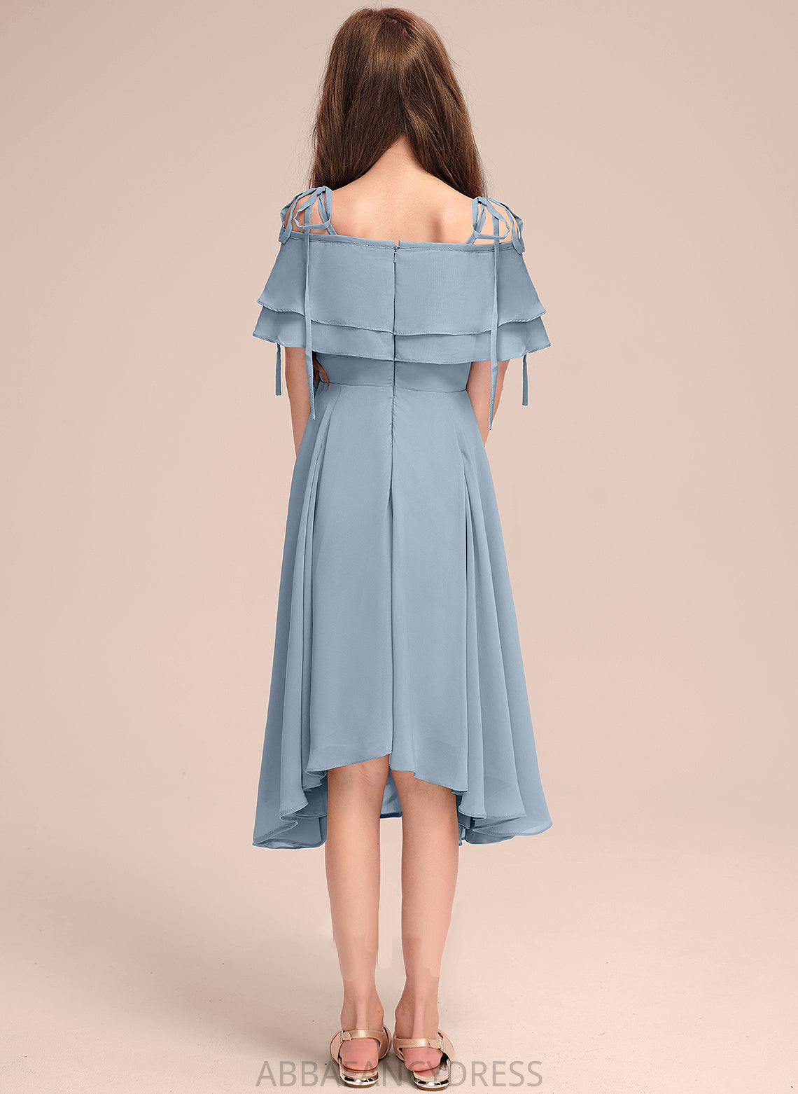 Asymmetrical Off-the-Shoulder A-Line With Junior Bridesmaid Dresses Chiffon Ruffles Cascading Priscilla