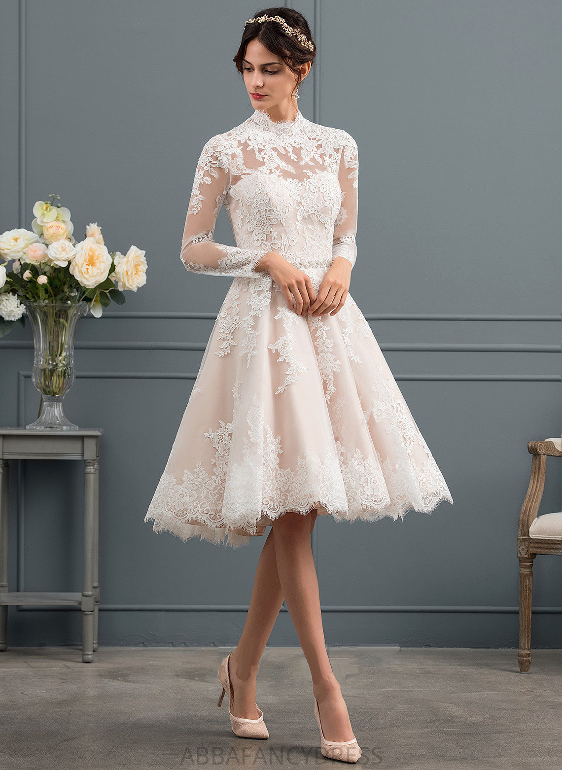 Knee-Length Wedding Lace Wedding Dresses Illusion Dress A-Line Lilianna