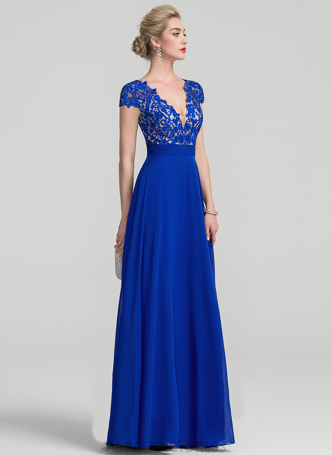 Chiffon Laci With Floor-Length V-neck Lace Prom Dresses A-Line Ruffle