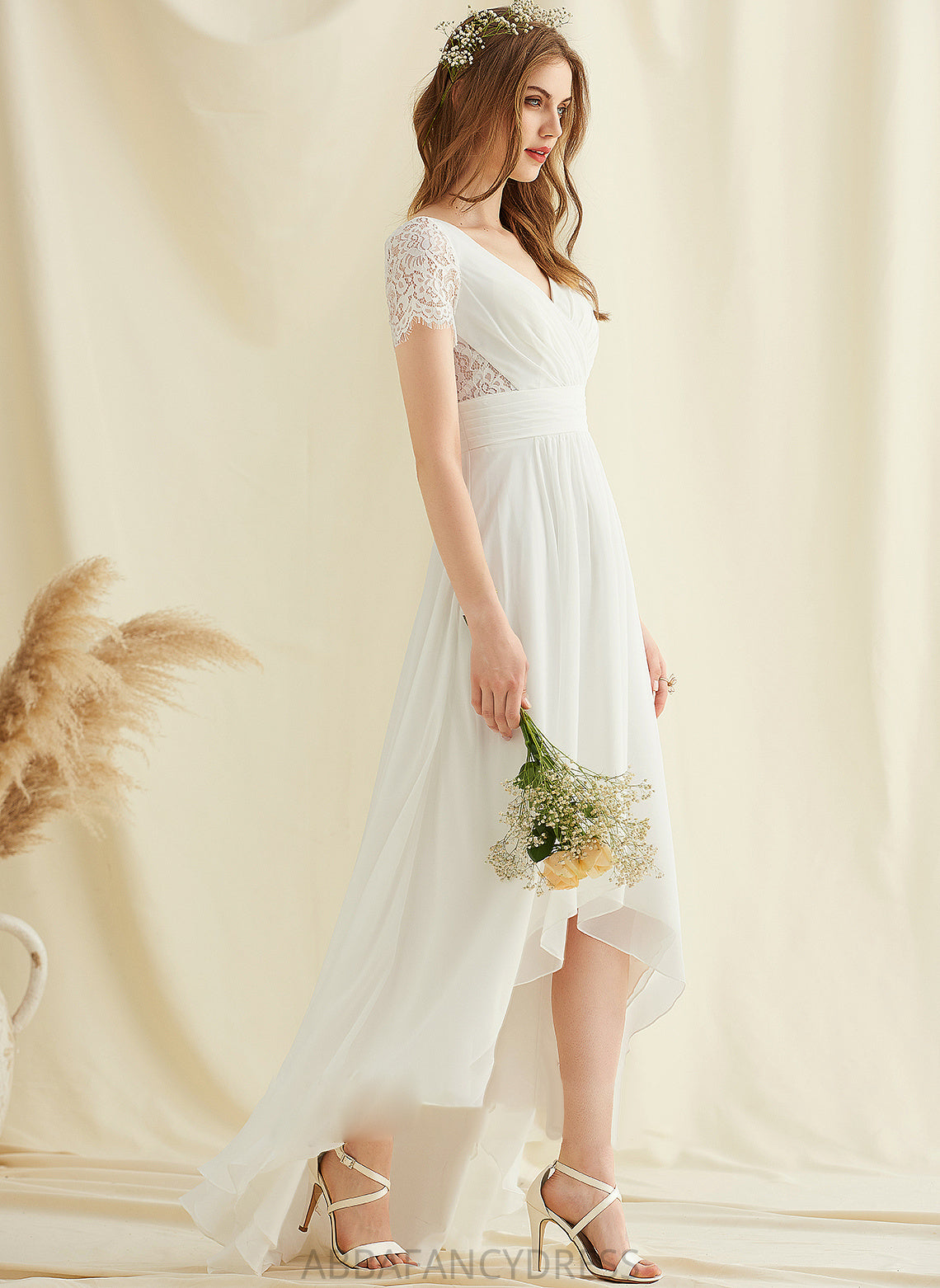 A-Line Lace Chiffon Asymmetrical Dress Wedding Dresses V-neck Justine Wedding