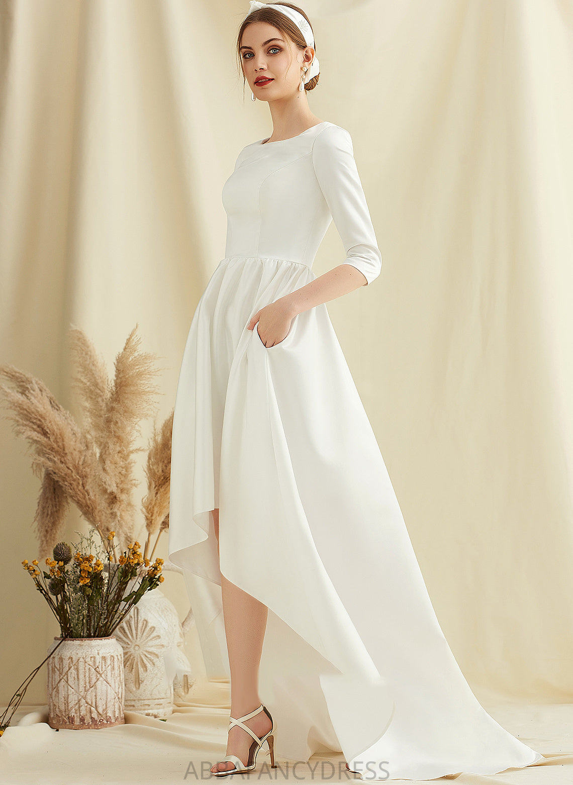 A-Line Pockets With Dress Wedding Asymmetrical Wedding Dresses Scoop Satin Neck Elvira