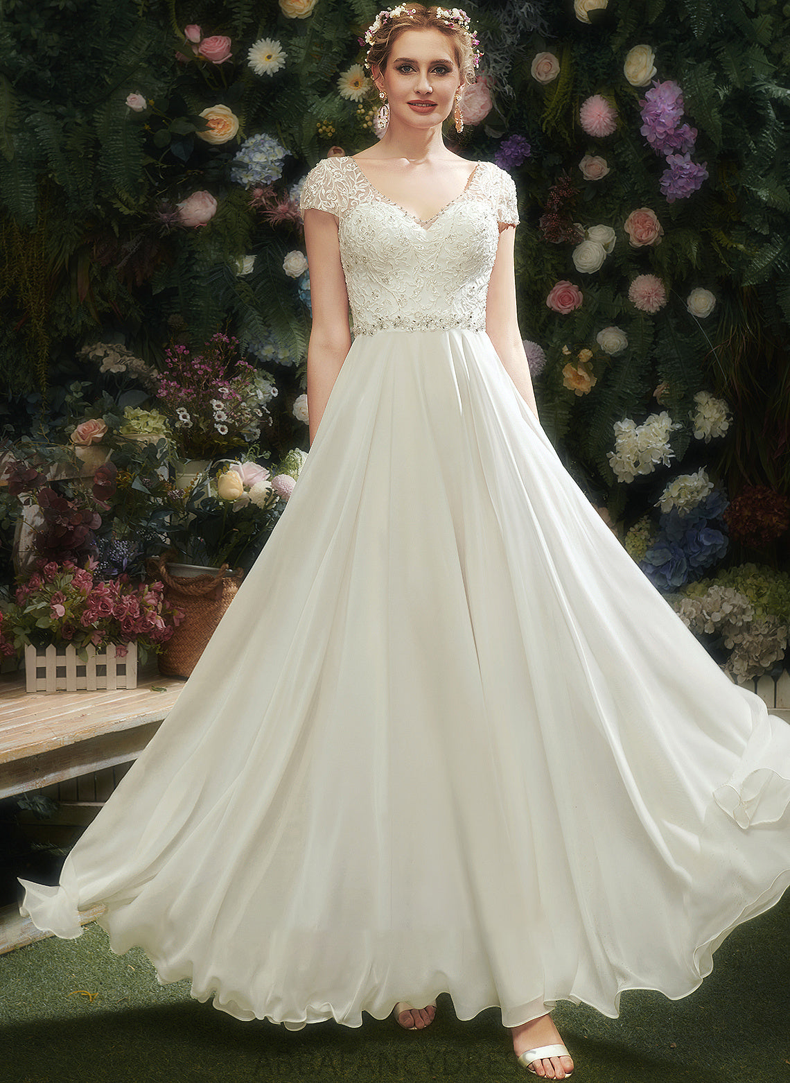 Dress Sequins A-Line Wedding Wedding Dresses Beading V-neck Floor-Length Aliza With Lace