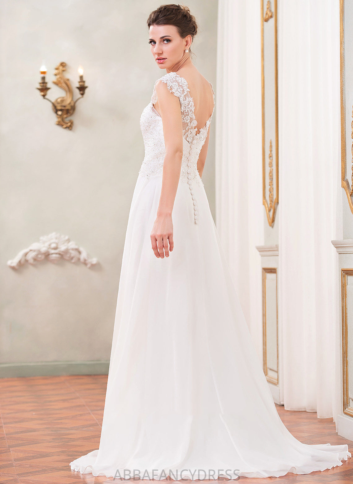 Beading Dress V-neck Chiffon Wedding A-Line Alina Wedding Dresses Sequins Train With Lace Sweep