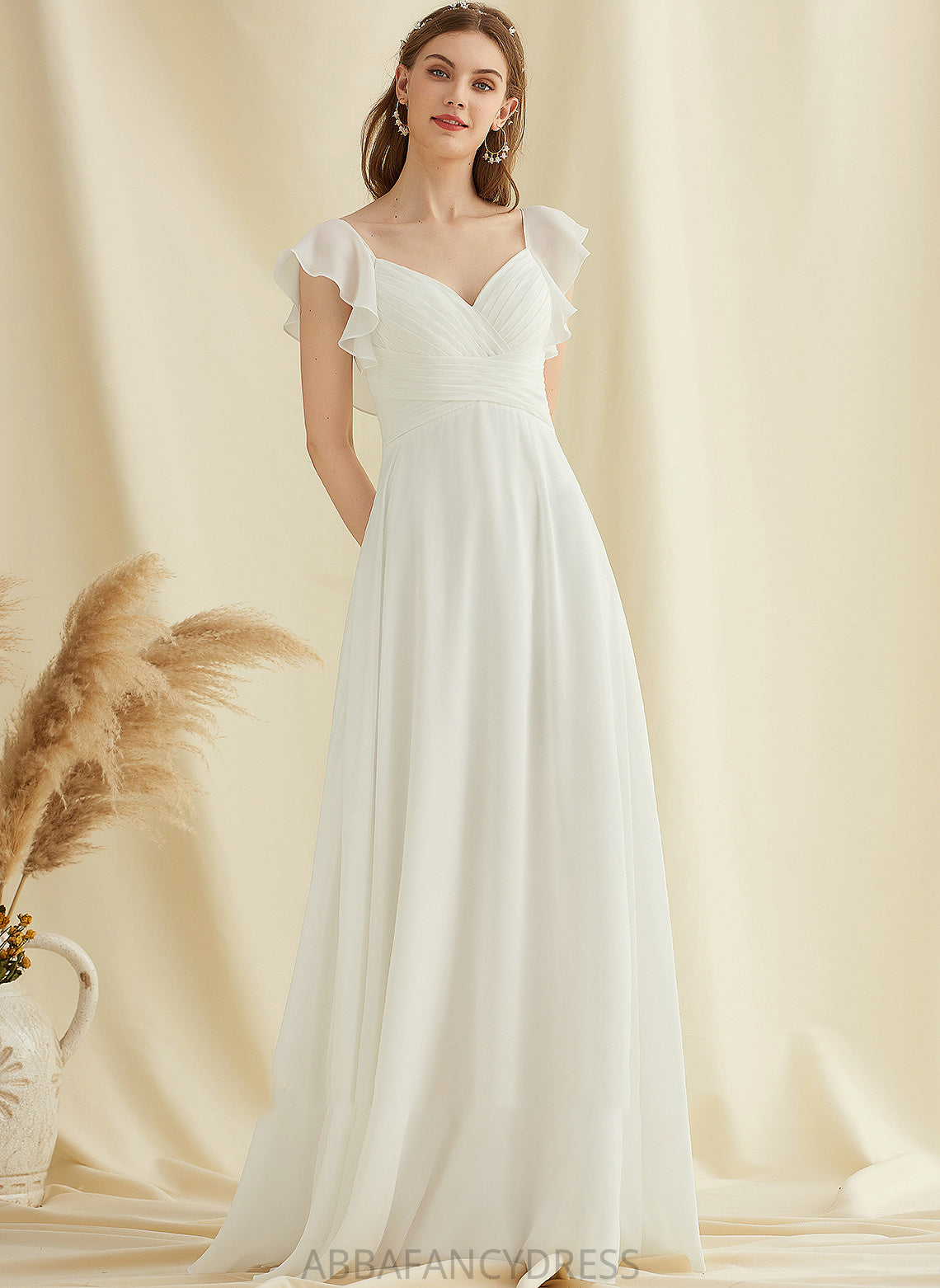 Floor-Length V-neck Wedding Dresses Ruffle Dress With Marlene Chiffon Wedding A-Line