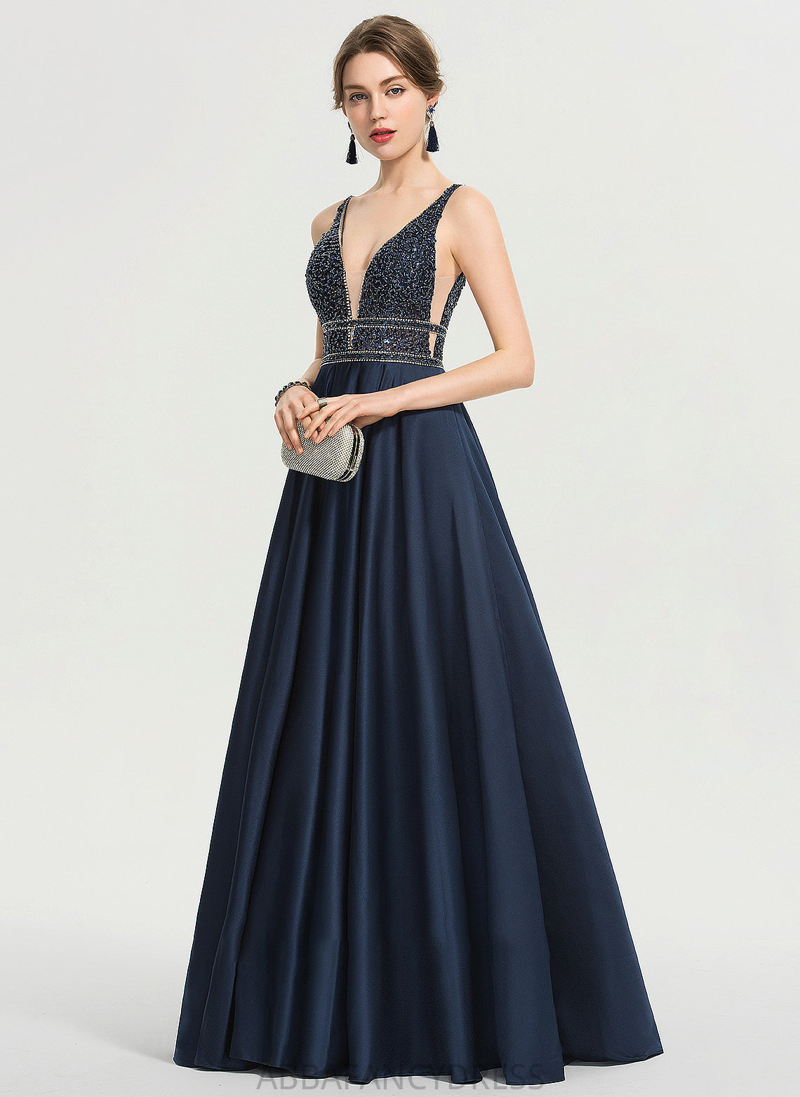 With Satin Beading V-neck Ball-Gown/Princess Lorelai Floor-Length Sequins Prom Dresses