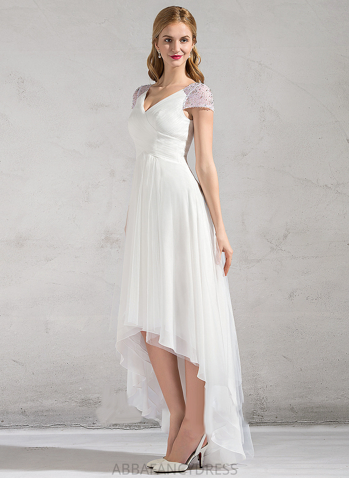 Sequins A-Line Asymmetrical Ruffle Wedding Wedding Dresses Karen Tulle Dress V-neck With Beading