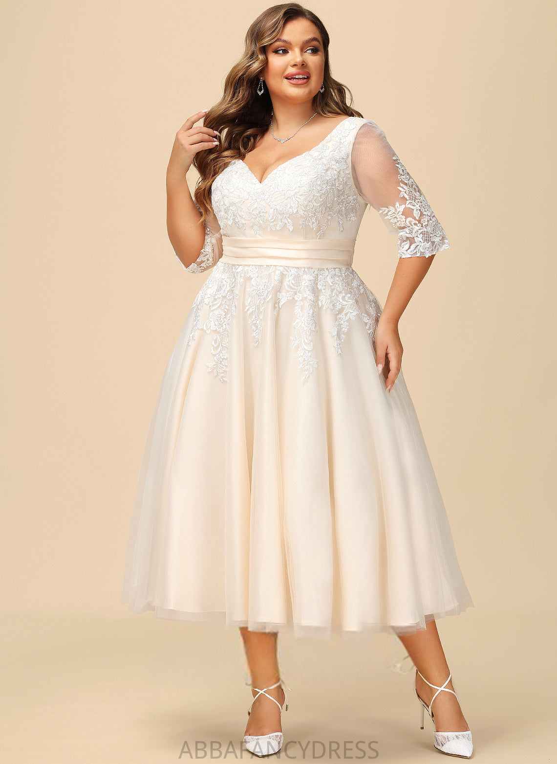 Carly Tulle Dress Wedding Dresses Wedding Tea-Length Ball-Gown/Princess V-neck Lace