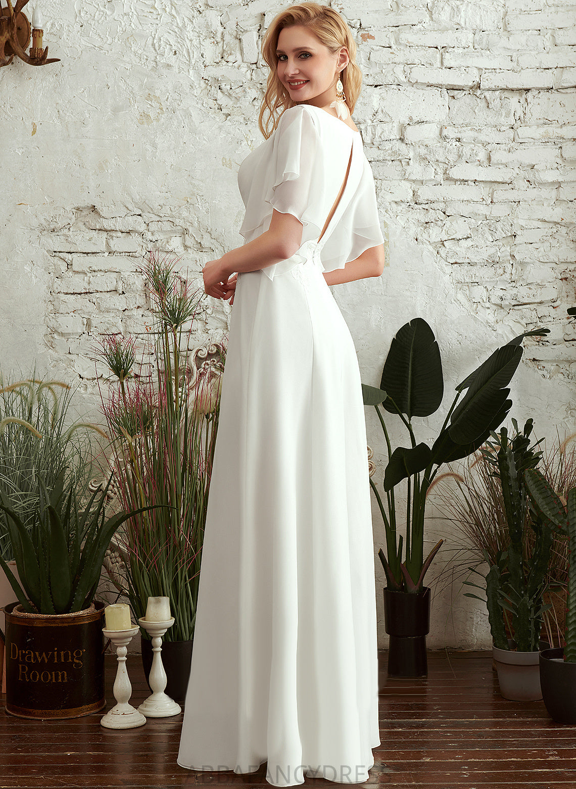 With Floor-Length V-neck Front Dress Lace A-Line Chiffon Wedding Eleanor Split Wedding Dresses