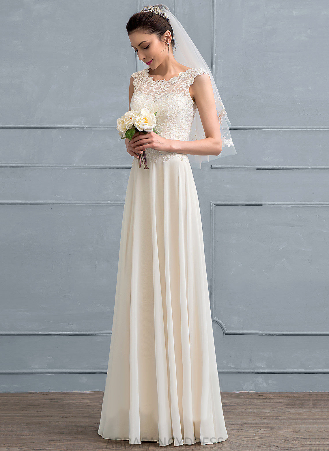 Floor-Length Scoop Dress Chiffon Neck Beading Wedding With Lace Sequins A-Line Jazlynn Wedding Dresses