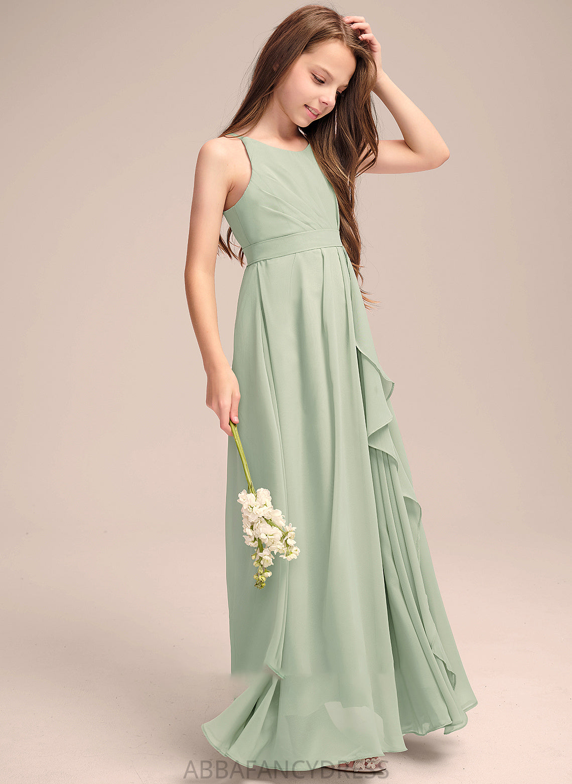 Scoop Ruffles Chiffon A-Line Neck With Cascading Floor-Length Kara Junior Bridesmaid Dresses