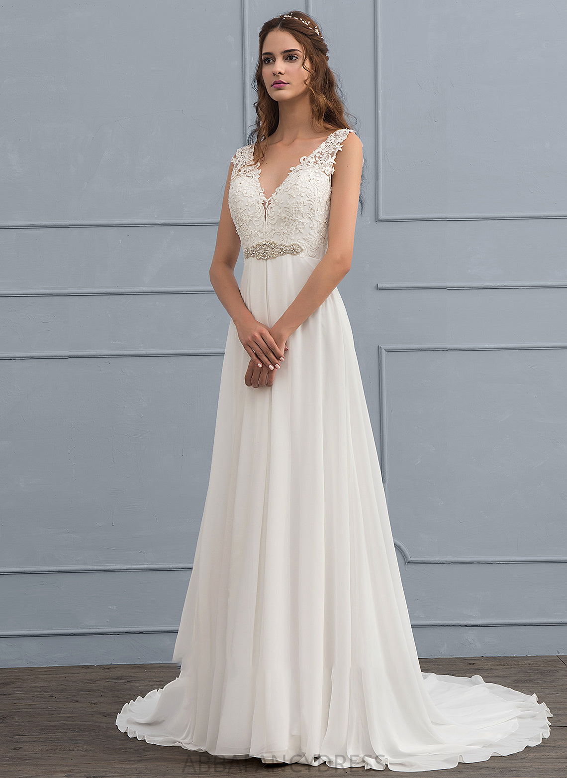 Sequins Wedding Dresses Chiffon A-Line V-neck Beading Mollie With Dress Train Wedding Court