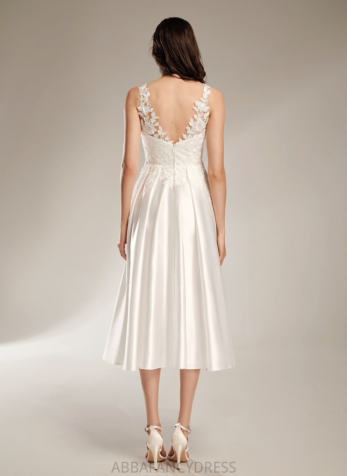 Pockets A-Line With Dress Prudence Lace V-neck Wedding Dresses Tea-Length Satin Wedding