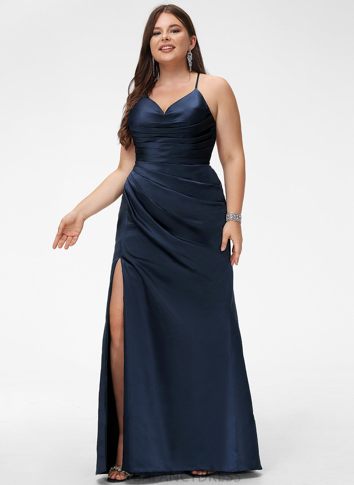 Satin Sheath/Column With Pleated V-neck Kelsey Prom Dresses Floor-Length