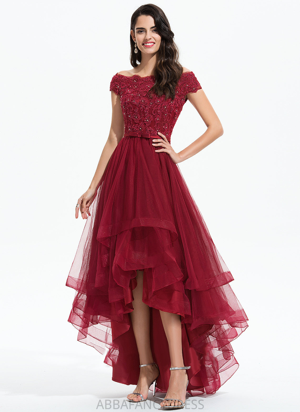 Emilee Homecoming Tulle Lace Off-the-Shoulder Dress Homecoming Dresses Bow(s) With A-Line Asymmetrical Beading