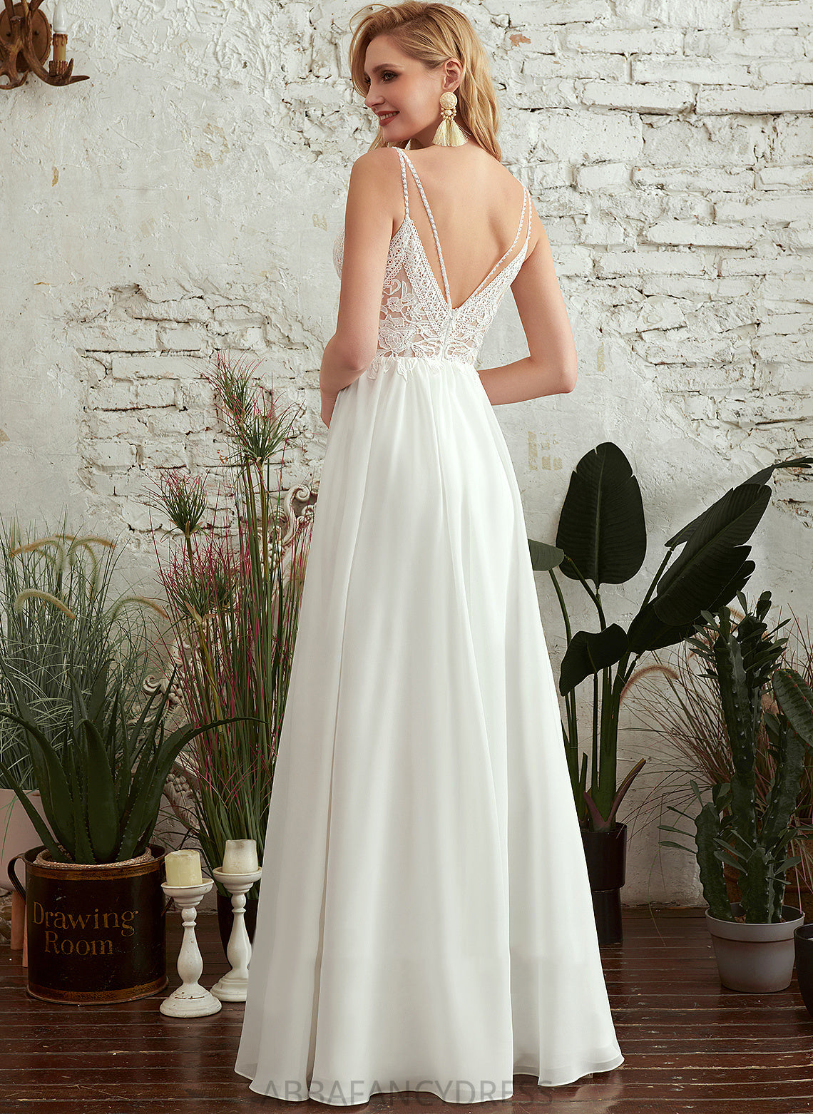 A-Line Lace Split Charlize Wedding With Floor-Length Dress Chiffon Front V-neck Beading Wedding Dresses