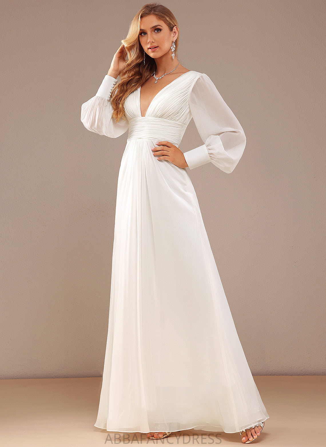 With A-Line Ruffle Wedding Wedding Dresses Chiffon V-neck Dress Floor-Length Jaylyn