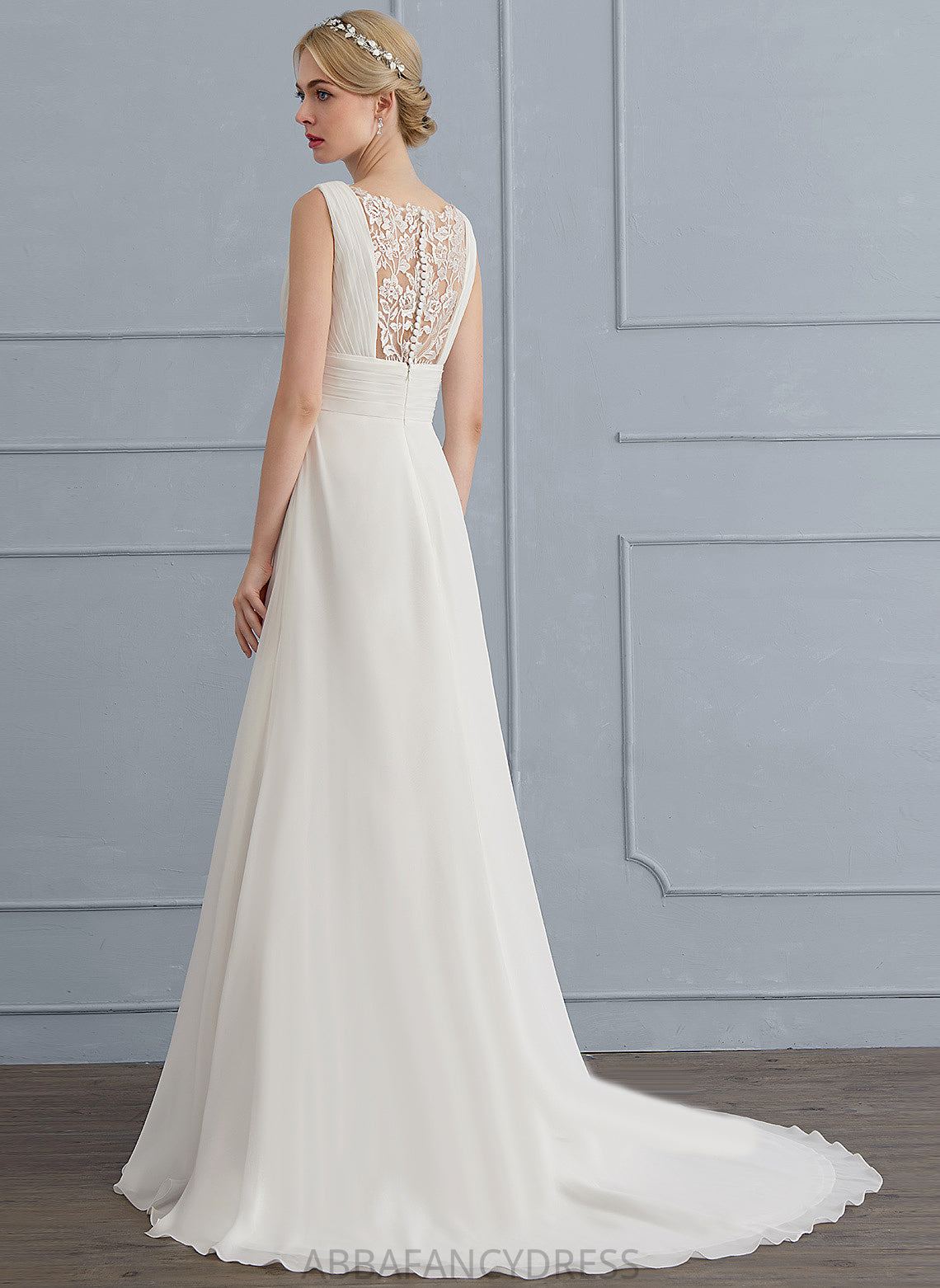 Wedding Dresses A-Line Train Lace Ruffle Dress Sweep Chiffon With V-neck Gabriella Wedding