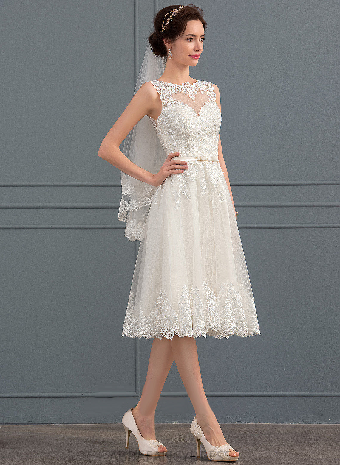 Helena A-Line Wedding Dresses Tulle Wedding Illusion With Dress Satin Bow(s) Knee-Length Lace