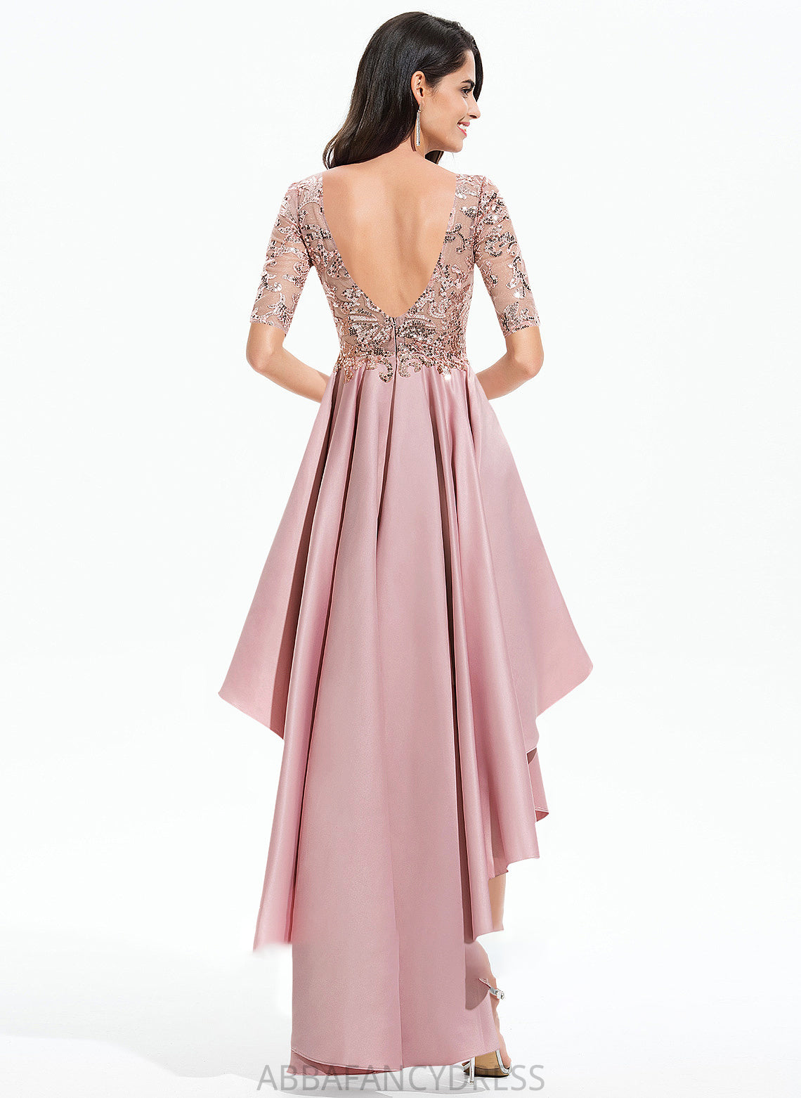 Lace Scoop Neck Prom Dresses Caitlyn With Sequins Satin A-Line Asymmetrical