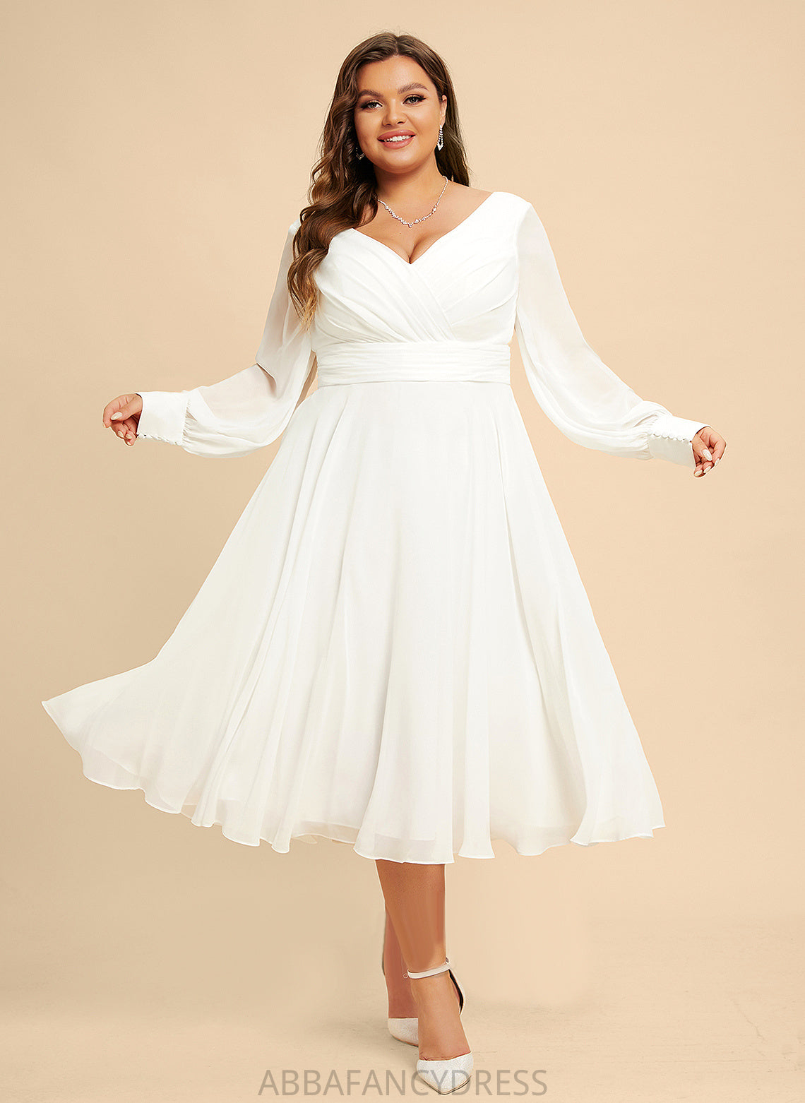 A-Line Dress Wedding Dresses V-neck Chiffon Armani Wedding Tea-Length