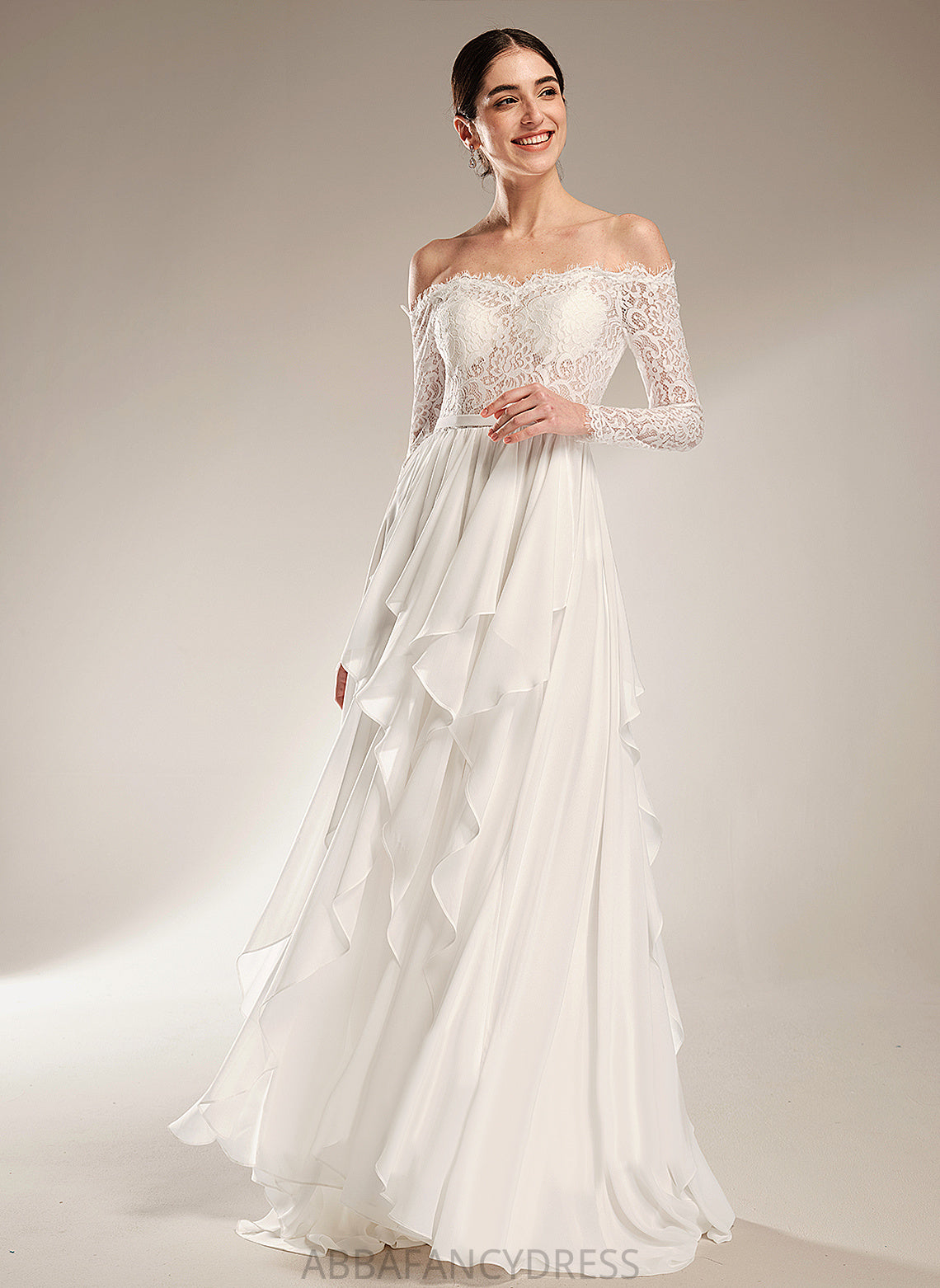 Wedding Dresses A-Line Wedding Train Chiffon Lace Nell Court Off-the-Shoulder With Dress Ruffle