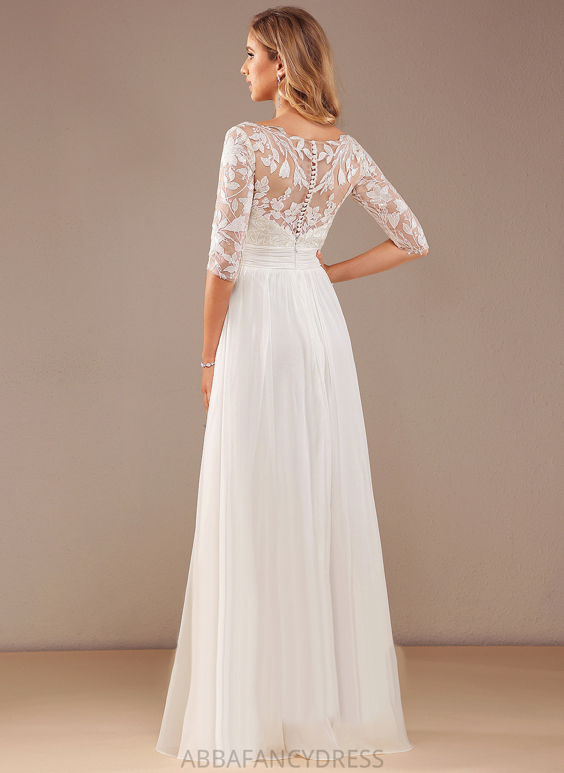 Lacey Wedding Dress A-Line Wedding Dresses With Sequins Ruffle Lace V-neck Lace Floor-Length Chiffon