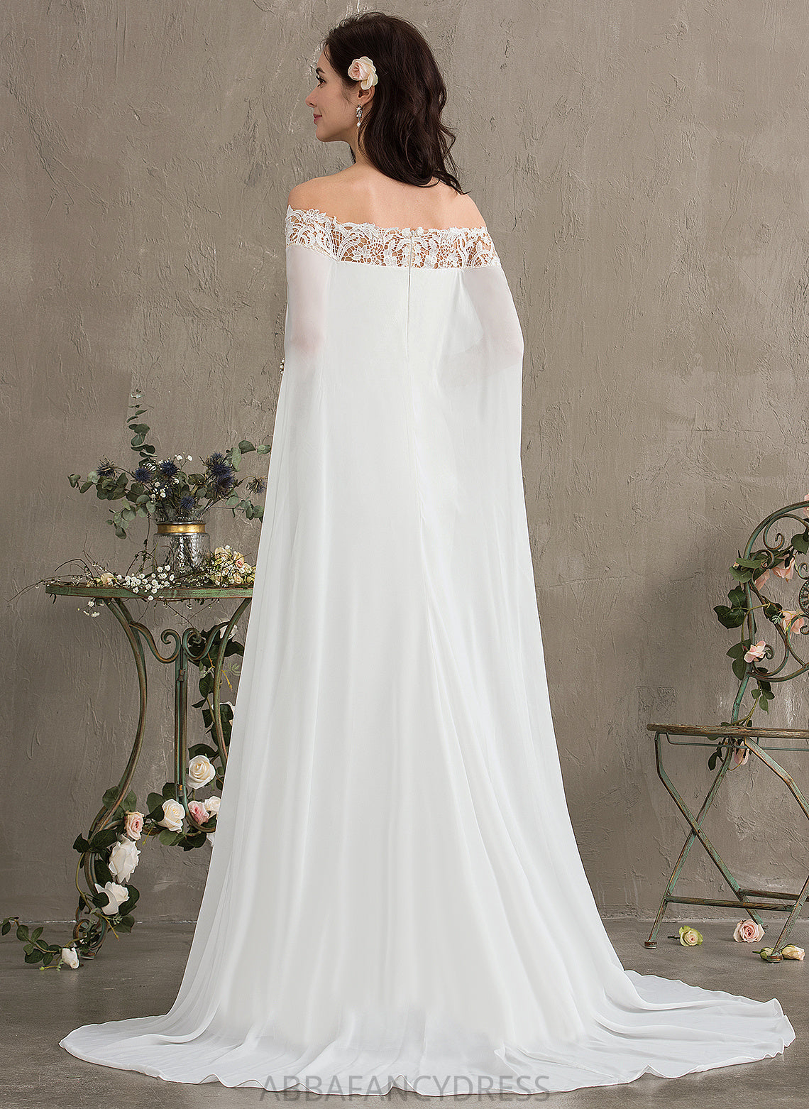 Sheath/Column Lace Train Wedding Willow Off-the-Shoulder Dress Wedding Dresses Lace With Court Chiffon