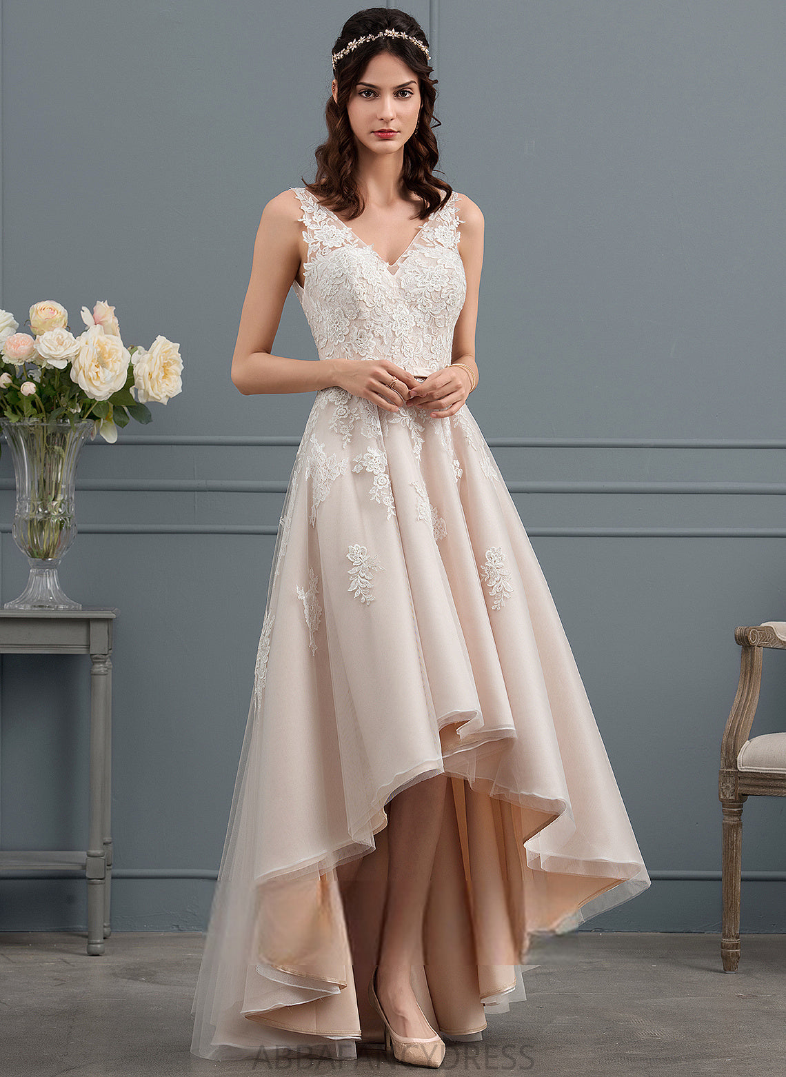 A-Line Sienna Satin Asymmetrical With Lace Wedding Dresses Tulle Dress Bow(s) V-neck Wedding