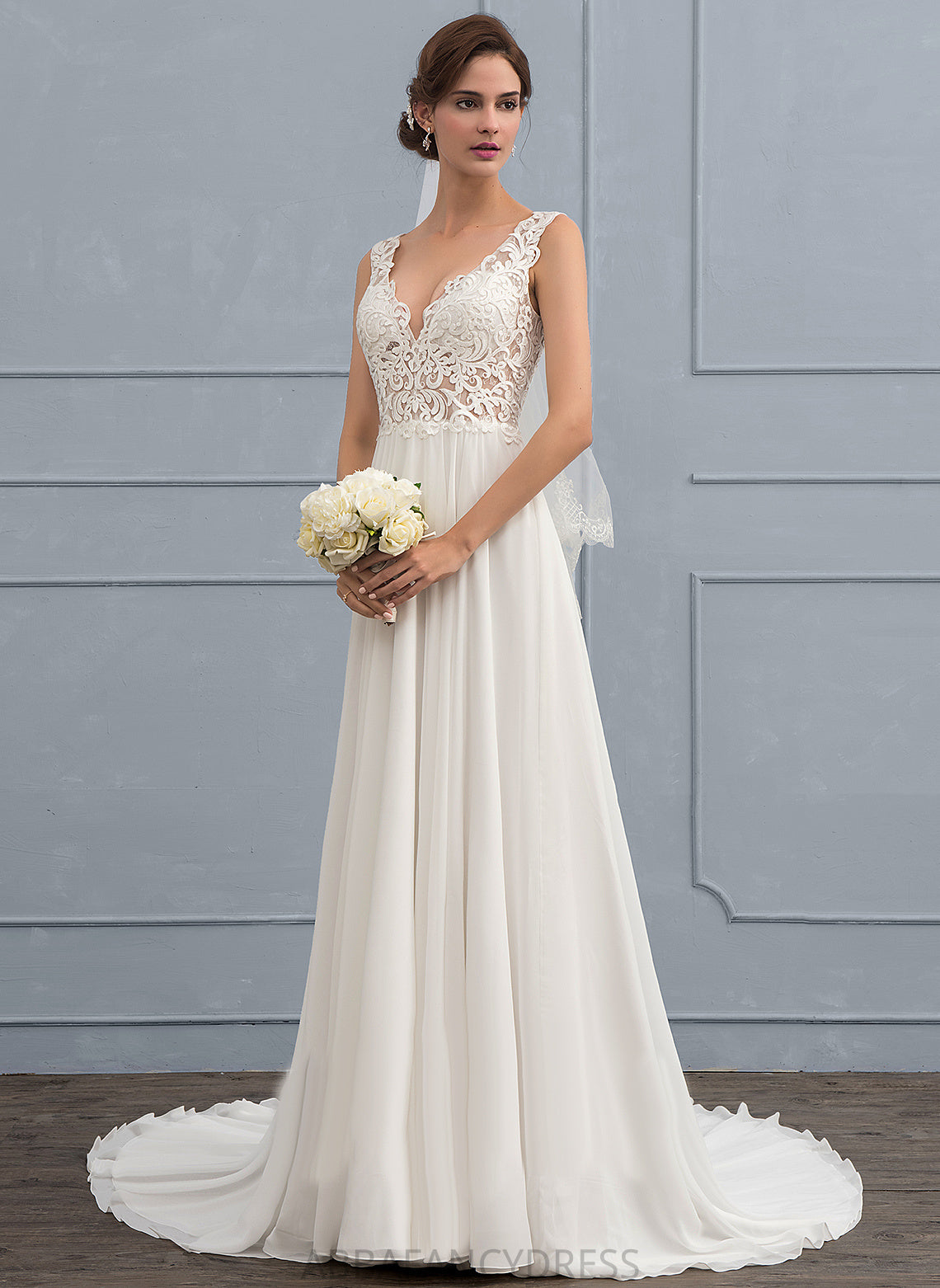 Wedding Dresses A-Line V-neck Lace Aylin Train Chiffon Wedding Dress Court