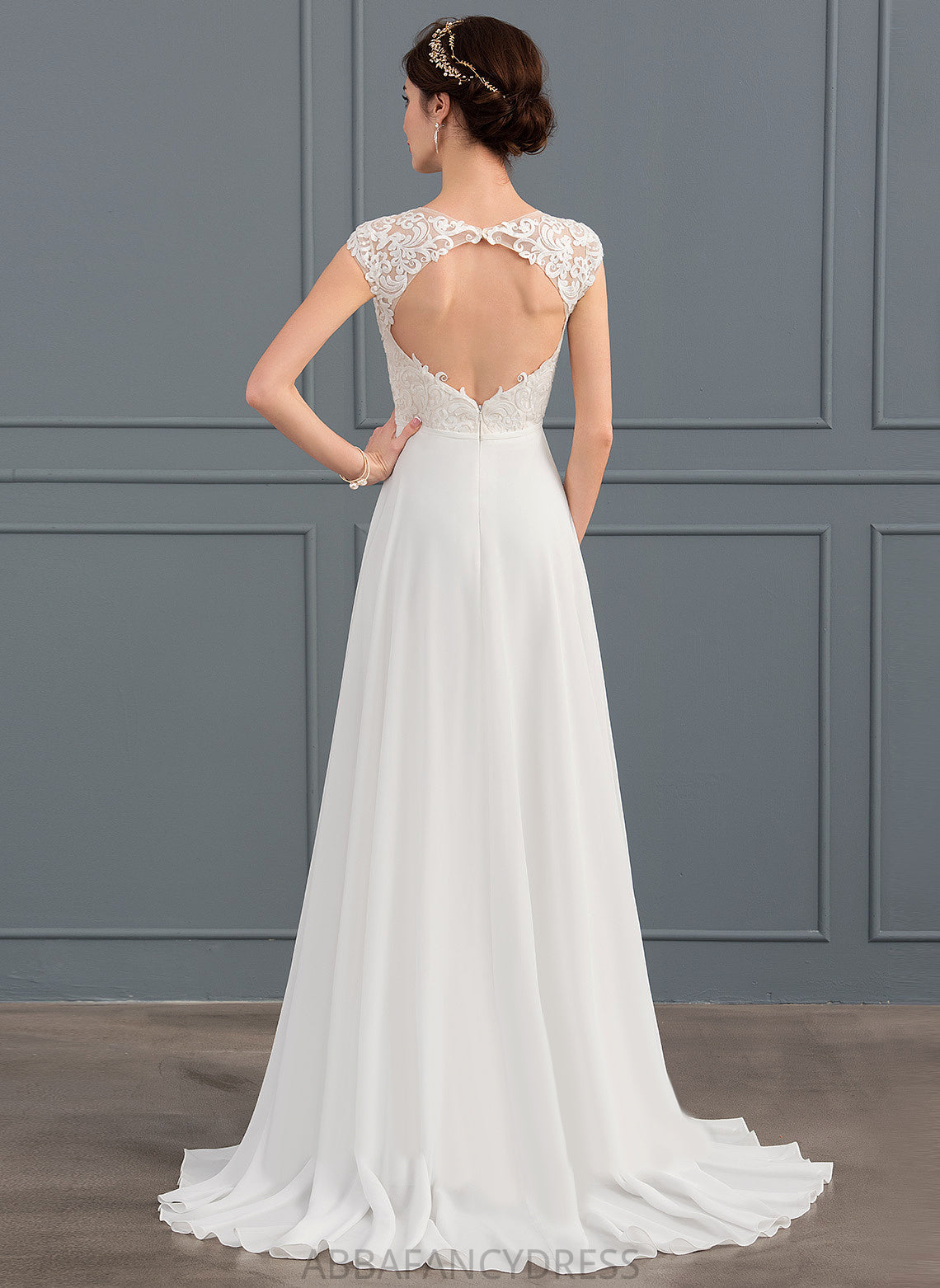 With Split A-Line Train Wedding Dresses Lace Wedding Front Sweep Dress Chiffon V-neck Fatima