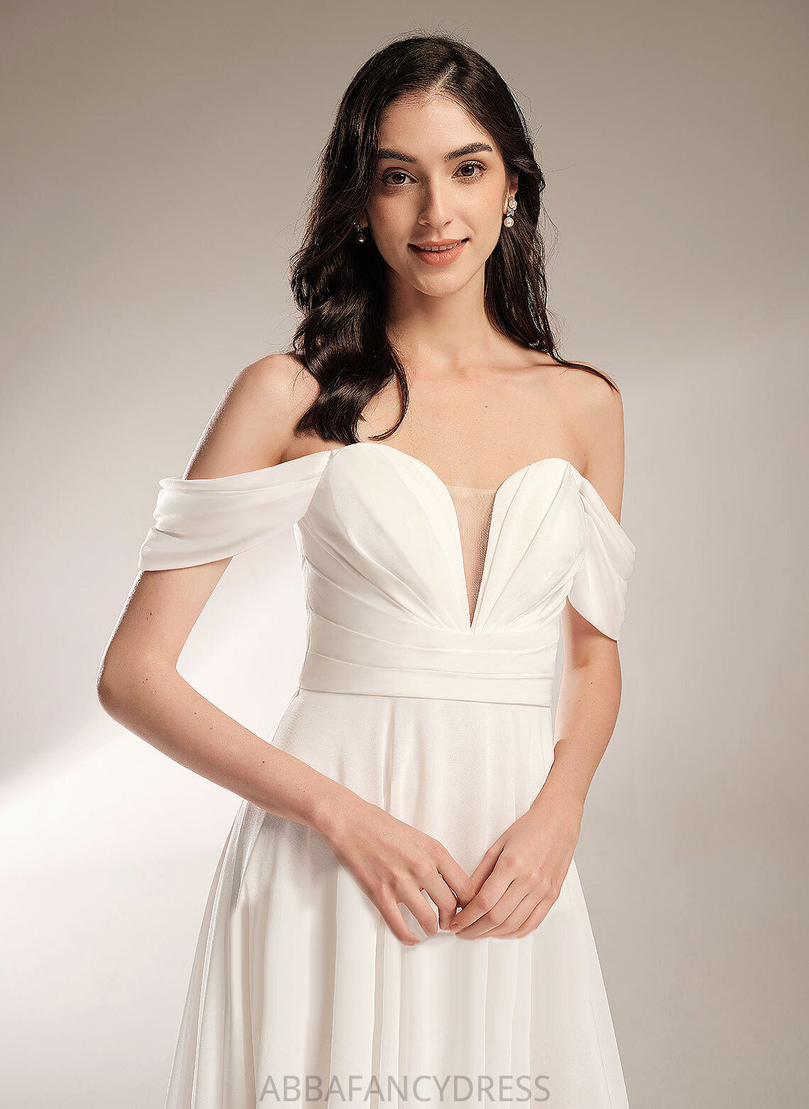 Wedding Dresses A-Line Wedding Court Off-the-Shoulder Dress Pleated With Chelsea Train Chiffon