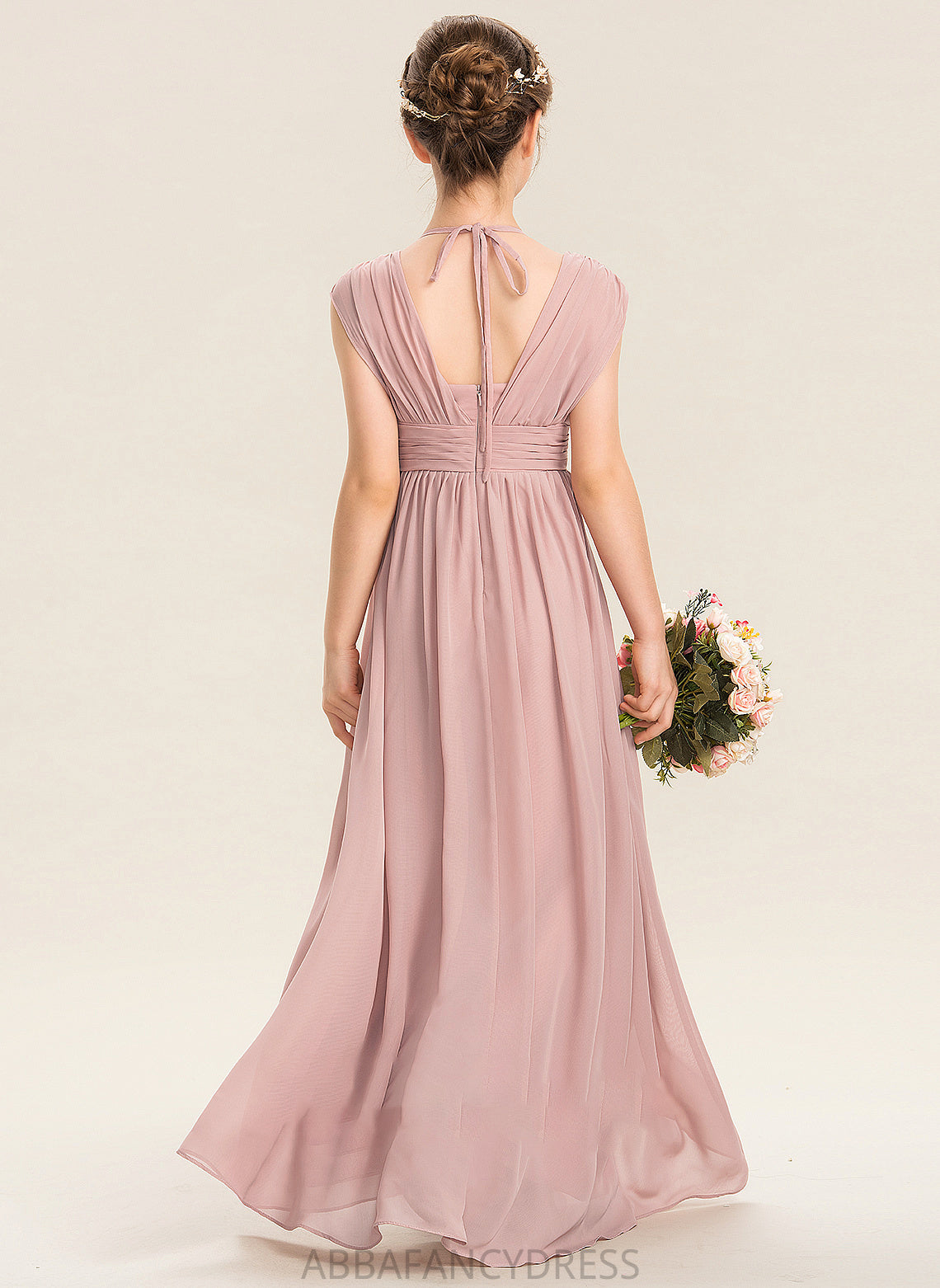 Bow(s) Chiffon With A-Line Floor-Length Ruffle V-neck Junior Bridesmaid Dresses Joanna