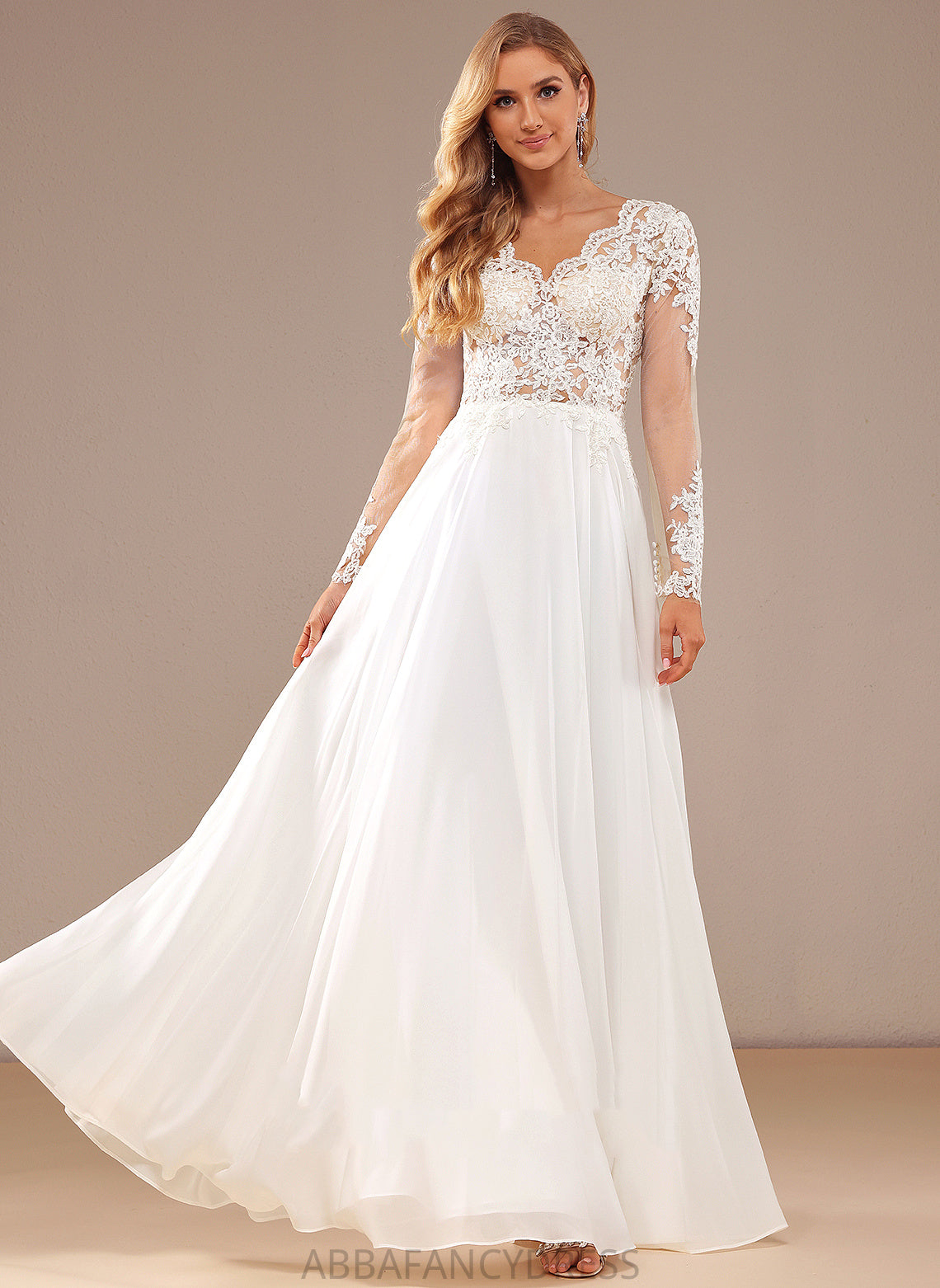 V-neck Wedding Sequins A-Line Dress Lace Chiffon Wedding Dresses Joyce With Lace Floor-Length