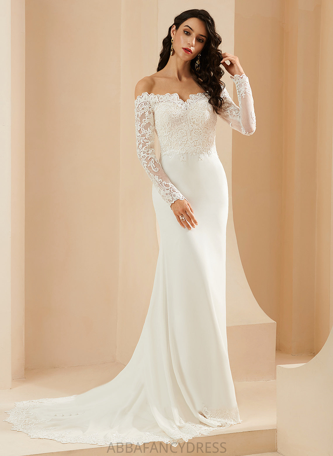 Gertrude Chiffon Wedding Dress Off-the-Shoulder Train Court Lace Trumpet/Mermaid Wedding Dresses With