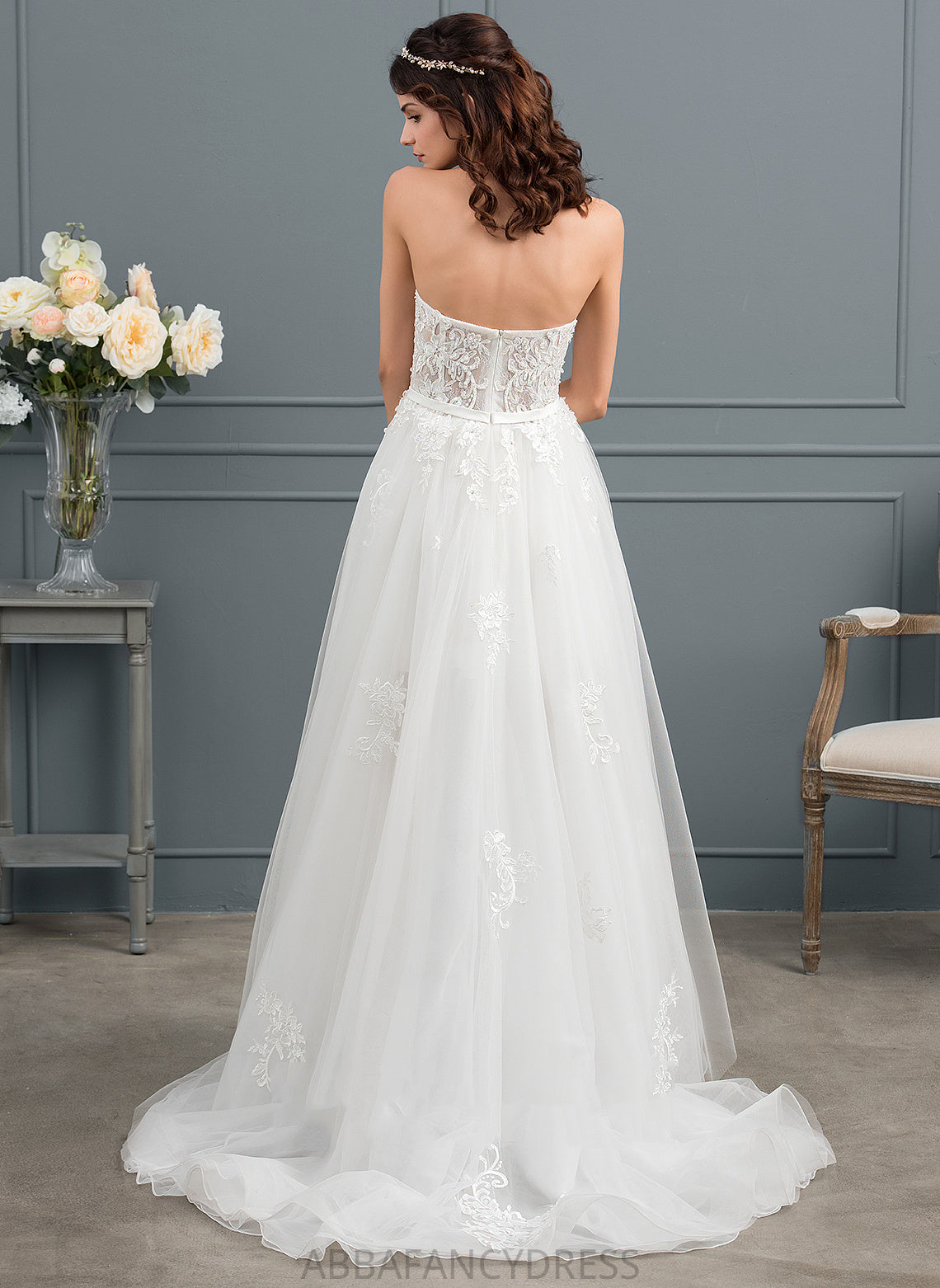 Bow(s) Kristin Wedding Asymmetrical A-Line Lace Wedding Dresses Satin Beading With Dress Sequins Sweetheart Tulle