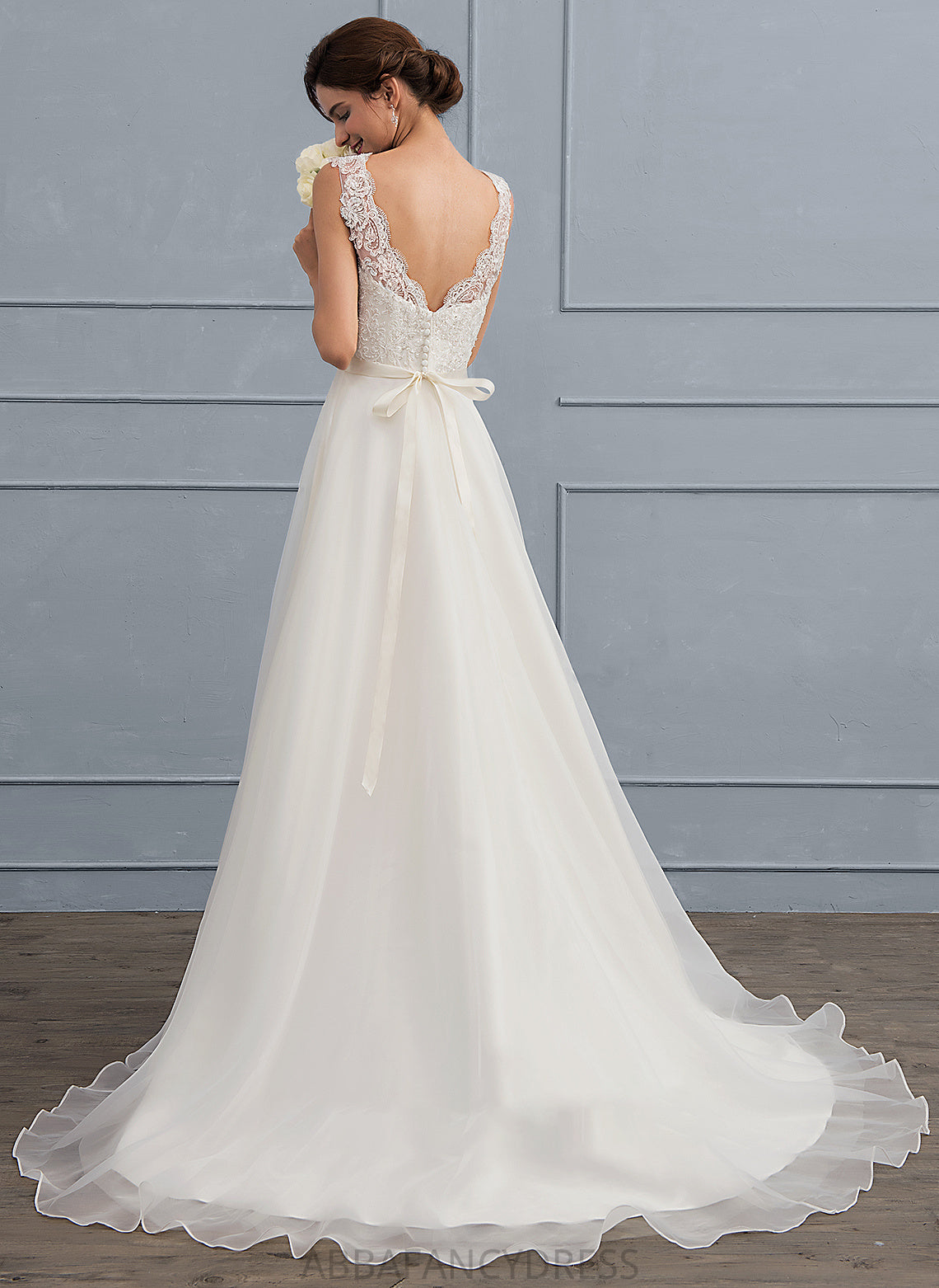 Wedding Dresses With Train A-Line Bow(s) Organza Sweep V-neck Wedding Dress Beading Madelyn