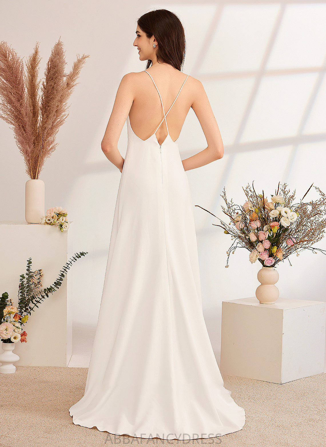 A-Line V-neck Deborah Wedding Dresses Sweep Beading With Split Dress Front Train Wedding