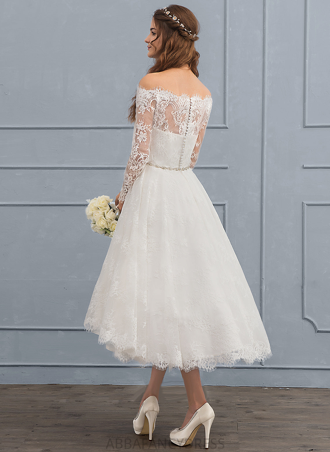 Beading Wedding Dresses Wedding Dress Asymmetrical Aileen Off-the-Shoulder With A-Line Lace