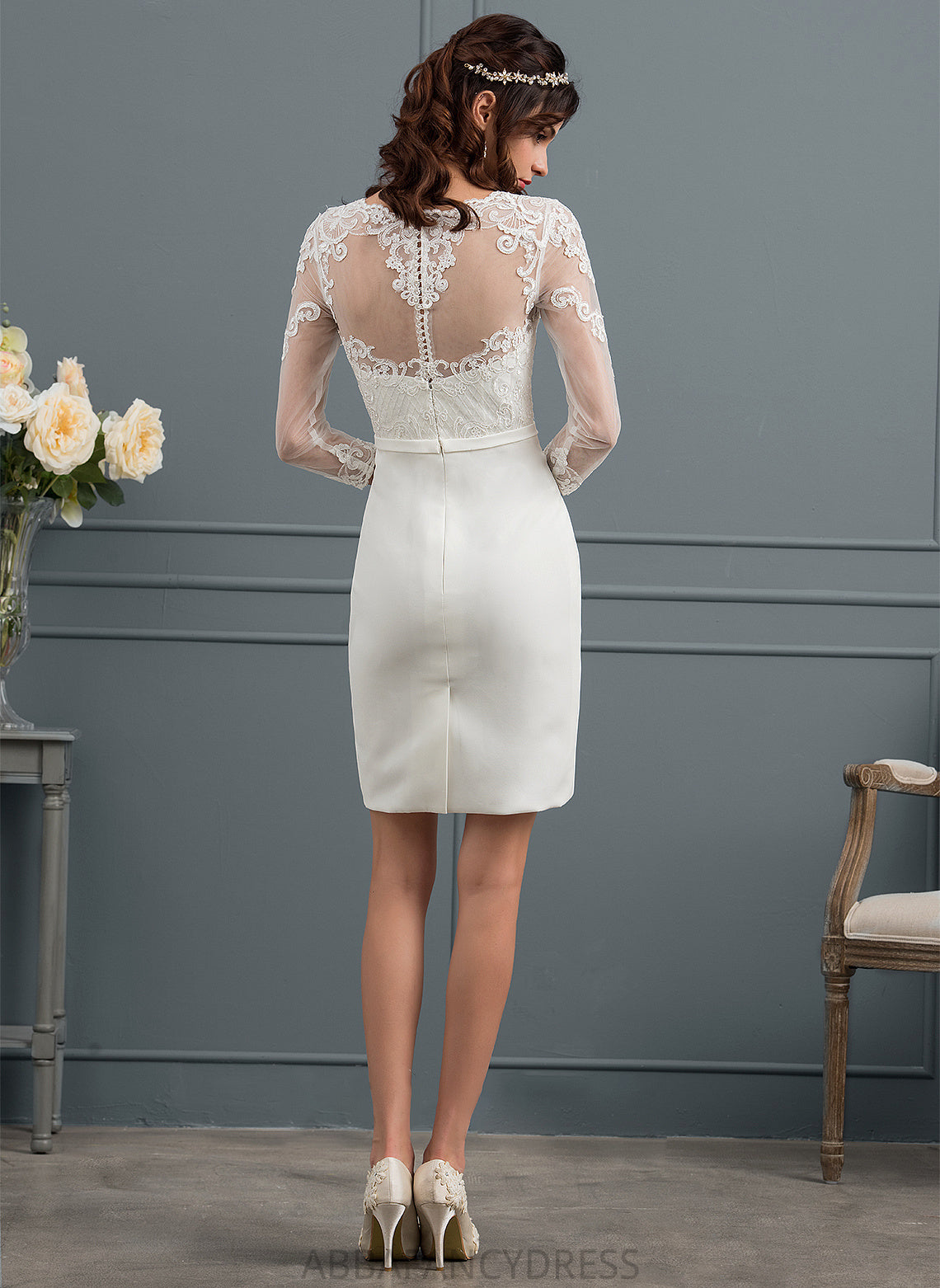 Crepe Wedding Dresses Sheath/Column Stretch Sequins Dress Wedding With Illusion Savannah Knee-Length Bow(s)