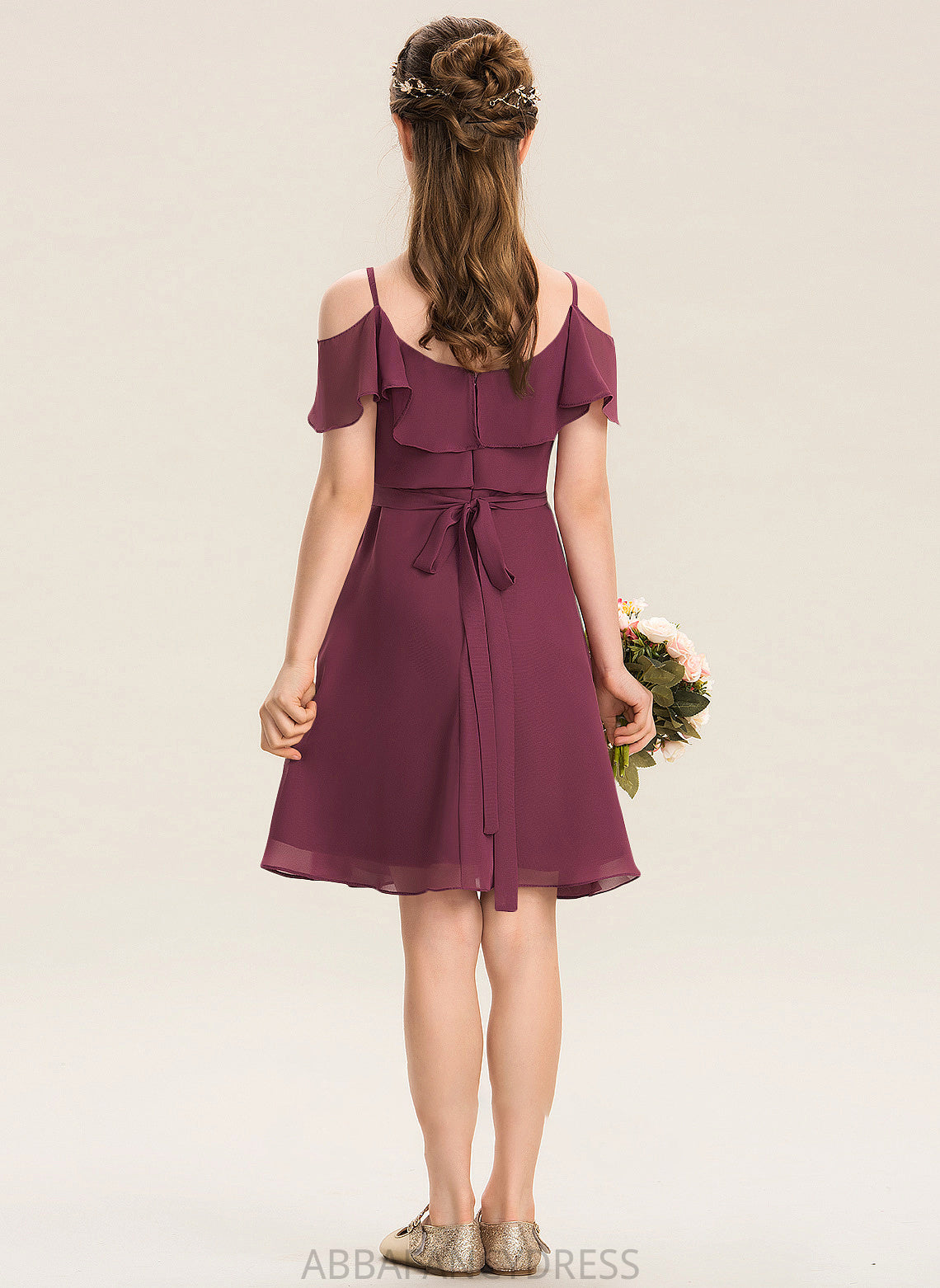 Bow(s) Knee-Length Off-the-Shoulder A-Line Cascading Junior Bridesmaid Dresses With Ruffles Chiffon Roselyn