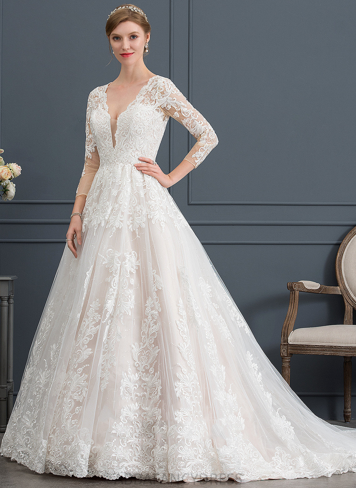 Ball-Gown/Princess Lace Kayden Wedding V-neck Dress Tulle Wedding Dresses