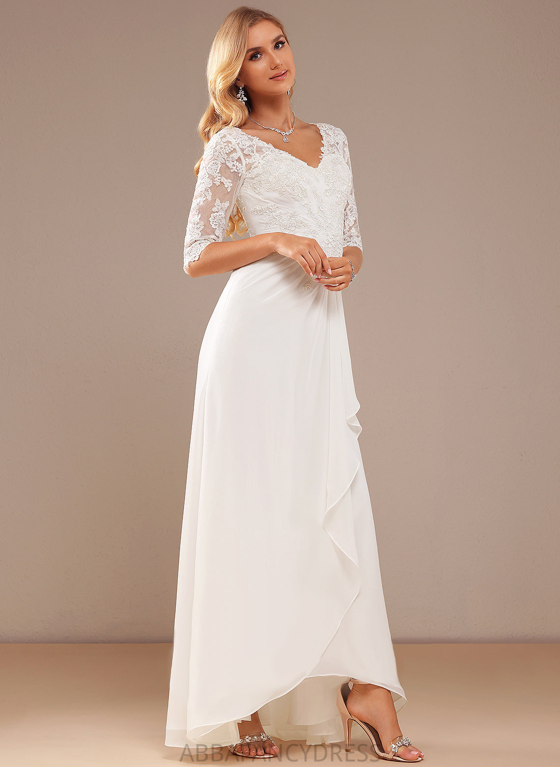 V-neck Chiffon Ruffle A-Line Asymmetrical Wedding Dresses Dress Wedding With Lace Alivia