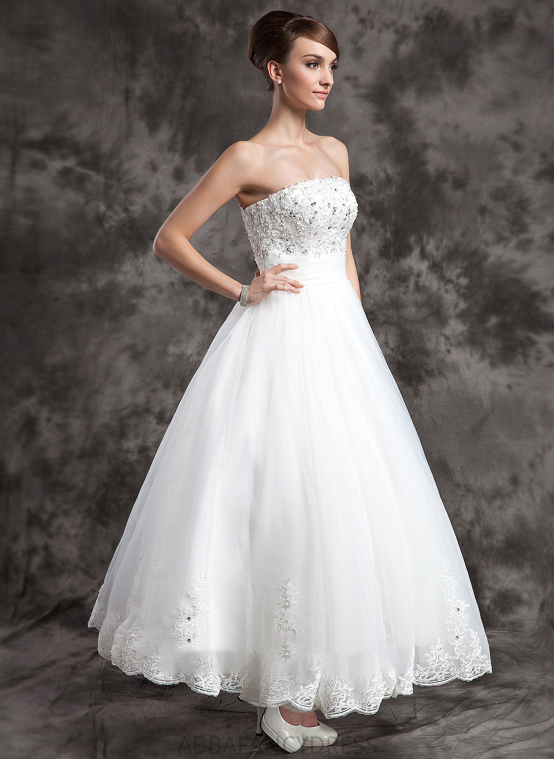 Wedding Beading With Ball-Gown/Princess Strapless Dress Larissa Ankle-Length Wedding Dresses Satin Organza Lace