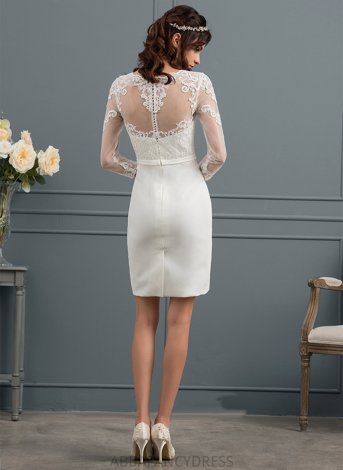 Sheath/Column Stretch Knee-Length Lace Crepe Bow(s) Dress Wedding Dresses Sequins Wedding With Illusion Winifred