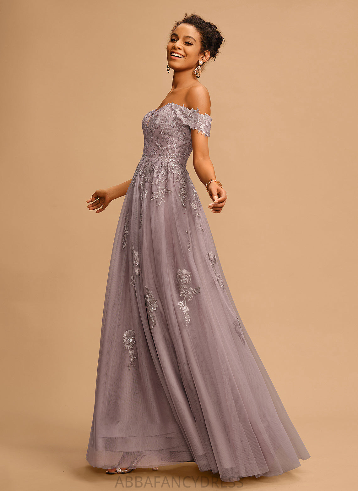 Prom Dresses A-Line Gloria Floor-Length Tulle Sequins Off-the-Shoulder With