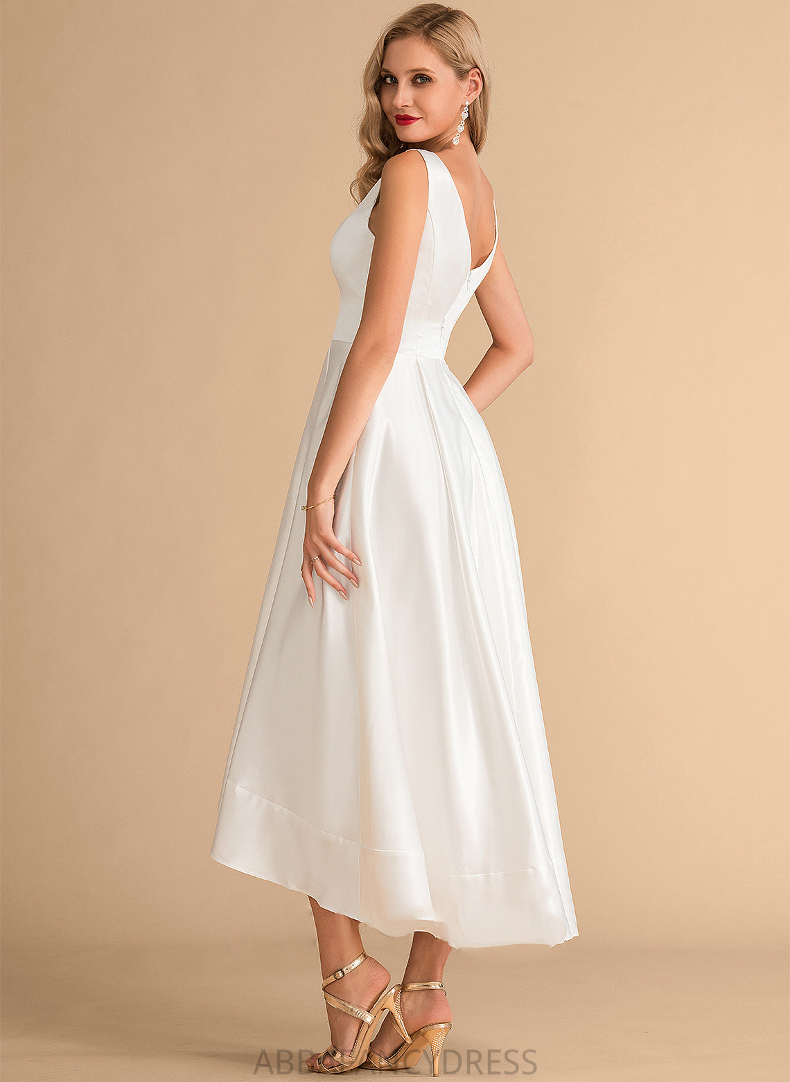 A-Line Abbie Wedding Satin Wedding Dresses V-neck Dress Asymmetrical